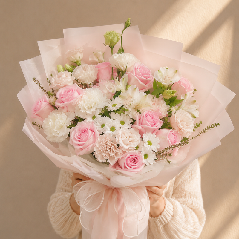 Blush Pink Rose & Lisianthus Bouquet | Melbourne Flower Delivery | Omeo Flowers