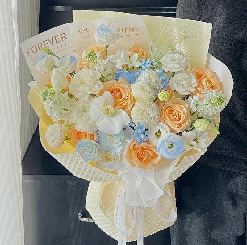Carnegie Florist in Melbourne peach + white+ blue color flowers bouquet