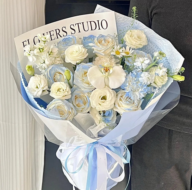 Designer Carnegie Florist in Melbourne white + blue color flowers bouquet