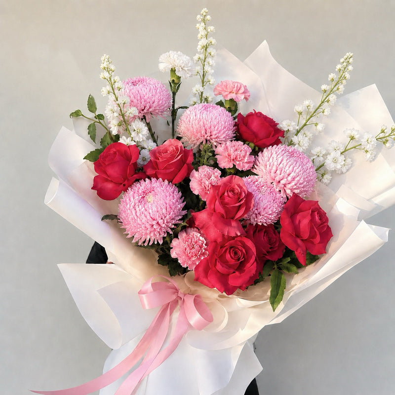 Designer Scarlet Rose Bouquet | Hot Pink Roses & Pink Chrysanthemums Melbourne Florist