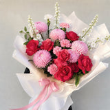 Designer Scarlet Rose Bouquet | Hot Pink Roses & Pink Chrysanthemums Melbourne Florist